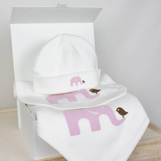 Organic Pink Elephant Blanket, Bib And Beanie Gift Set, Pink