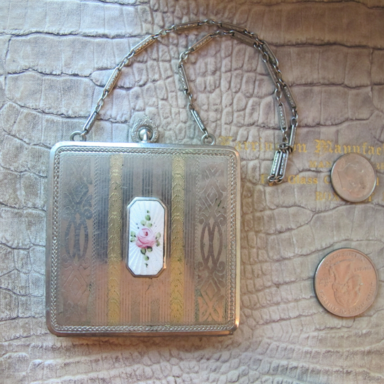 Finberg Fmco Mfg Whoopee Handle Powder Vanity Case Compact, 1920's-1930's Collectors Designer American Made Flapper Metal Bag Purse Handbag