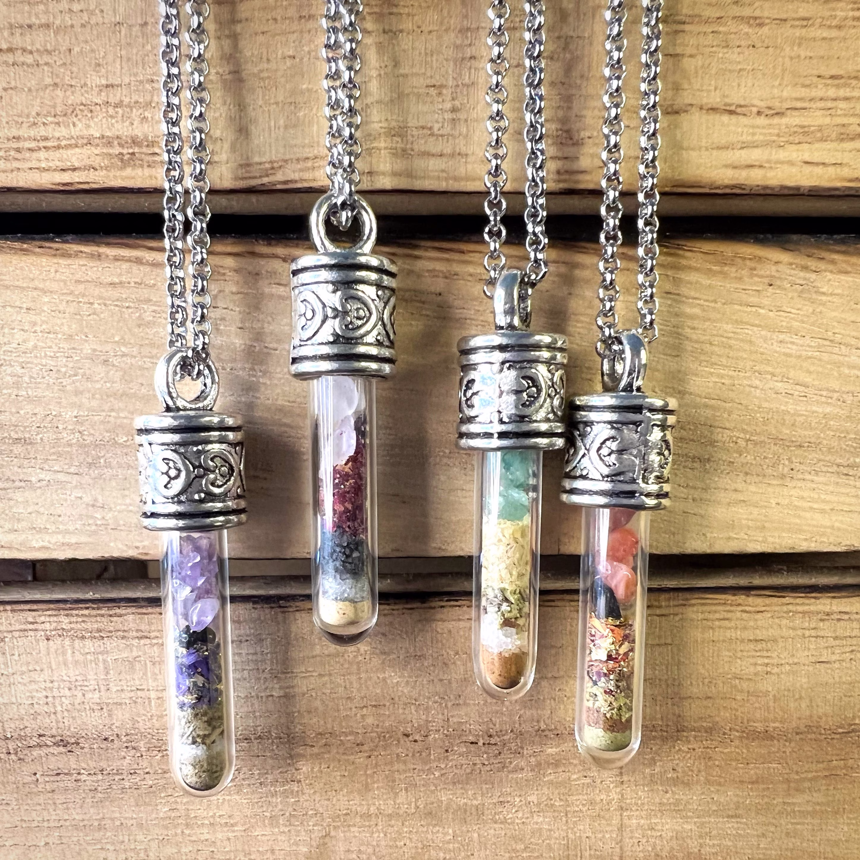 Spell Jar Necklace For Manifestation & Intention With Crystal Flowers Herbs