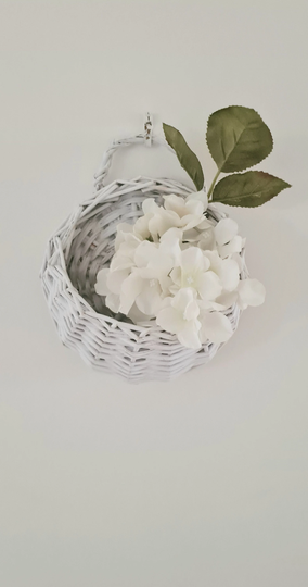 Wall Planter | Hanging Basket Wicker Rattan Cottage Decor Shabby Chic White