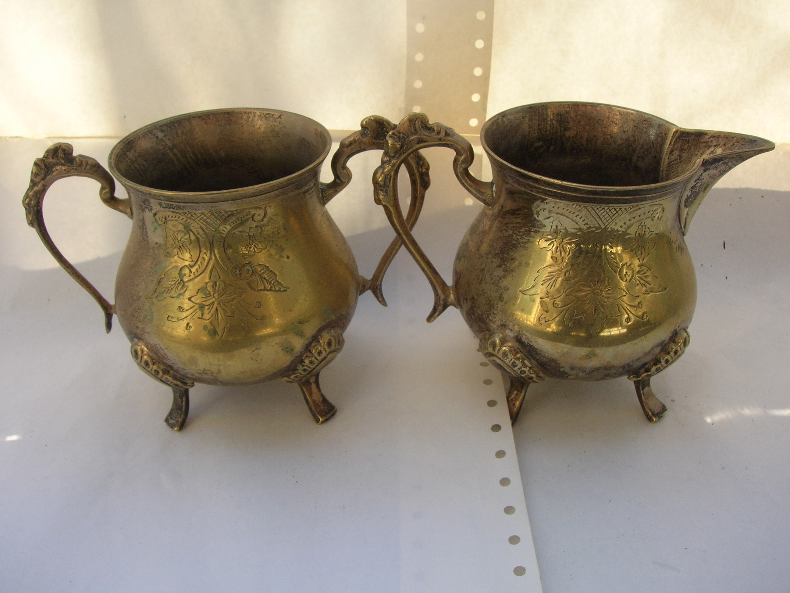 Vintage Brass Jug & Sugar Bowl With Floral Etchings & Ornate Legs Handles, Indoor Planters | Both 11 cm Tall