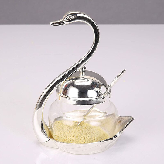 Condiment Pot, Creative Swan Designed Spice Glass Jar with Serving Spoon, Metal Seasoning Container Salt Sugar Bowl for Restaurant Kitchen (Silver)