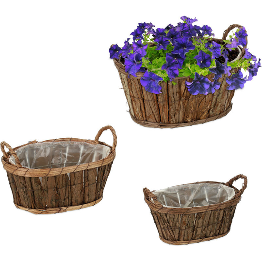 Relaxdays - Flowerpot, Set of 3, Flowers & Herbs, Plant Basket with Foil, with Handles, 3 Sizes, Wooden Planter, Natural