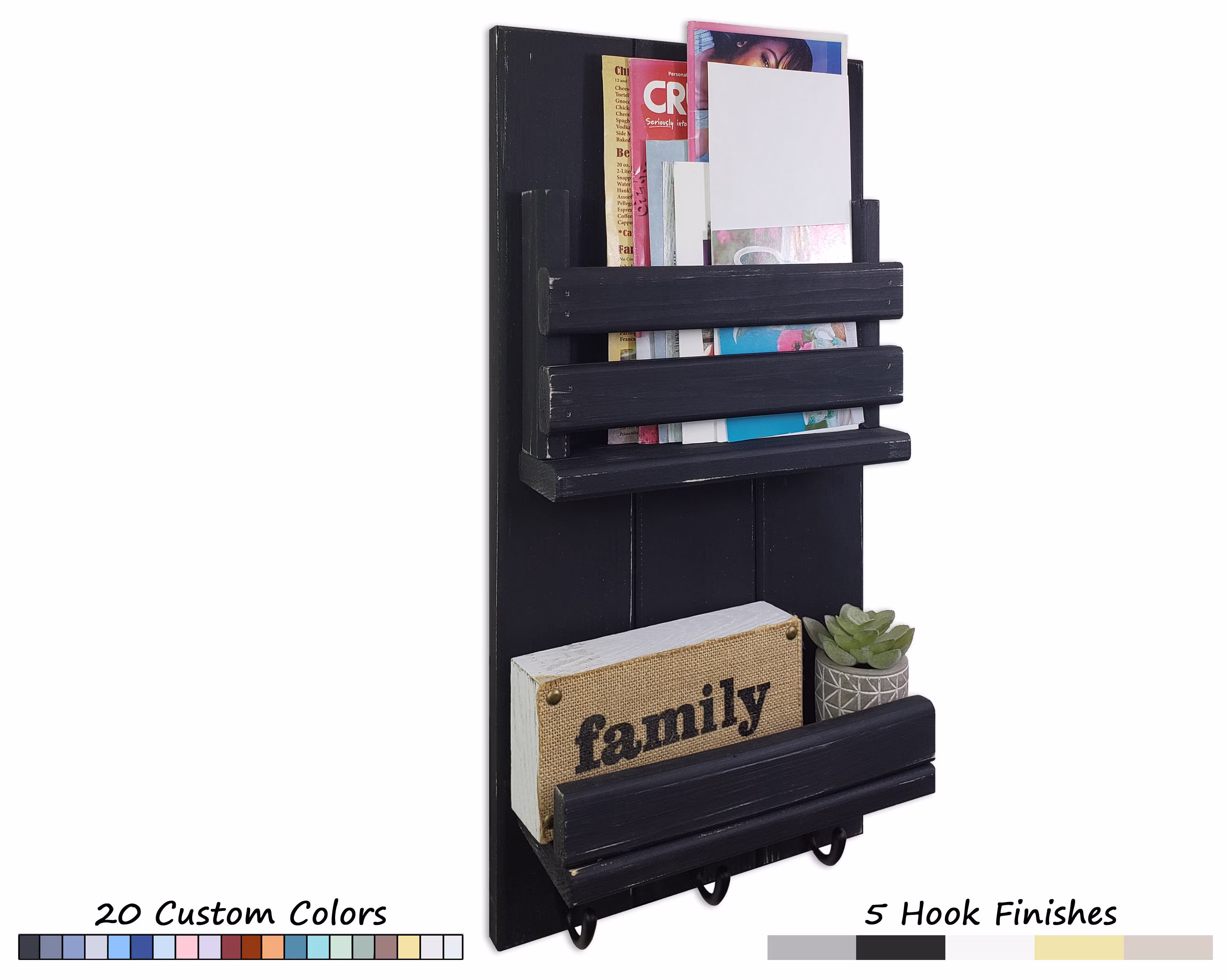Bradford Vertical Wall Organizer, 20 Paint Colors - Mail Holder Key Floating Shelf, Hook, Entryway Home Office