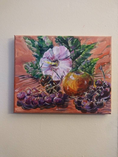 Orange Acrylic Painting On Canvas 10×8Inches Or 25×20cm Still Life Hibiscus Apple & Grapes Original