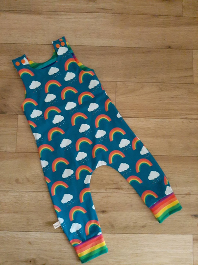 Organic Rainbow Dungarees, Rainbows & Clouds Harem Romper, Organic Rainbow Boys Outfit, Unisex Romper