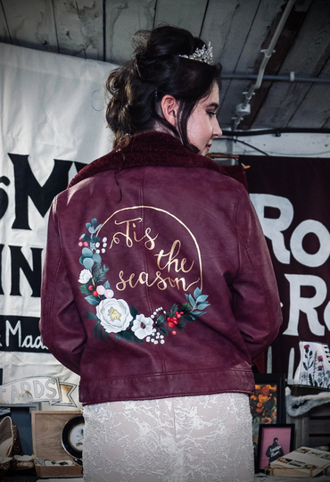 Jacket Painting Service - Tis The Season Christmas Winter Wreath Painted Leather Bride Bridal Wedding