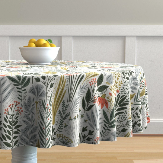 Herb Garden Round Tablecloth - Marjoram Green & Red By Amy_Maccready Modern Botanical Cotton Sateen Circle Spoonflower