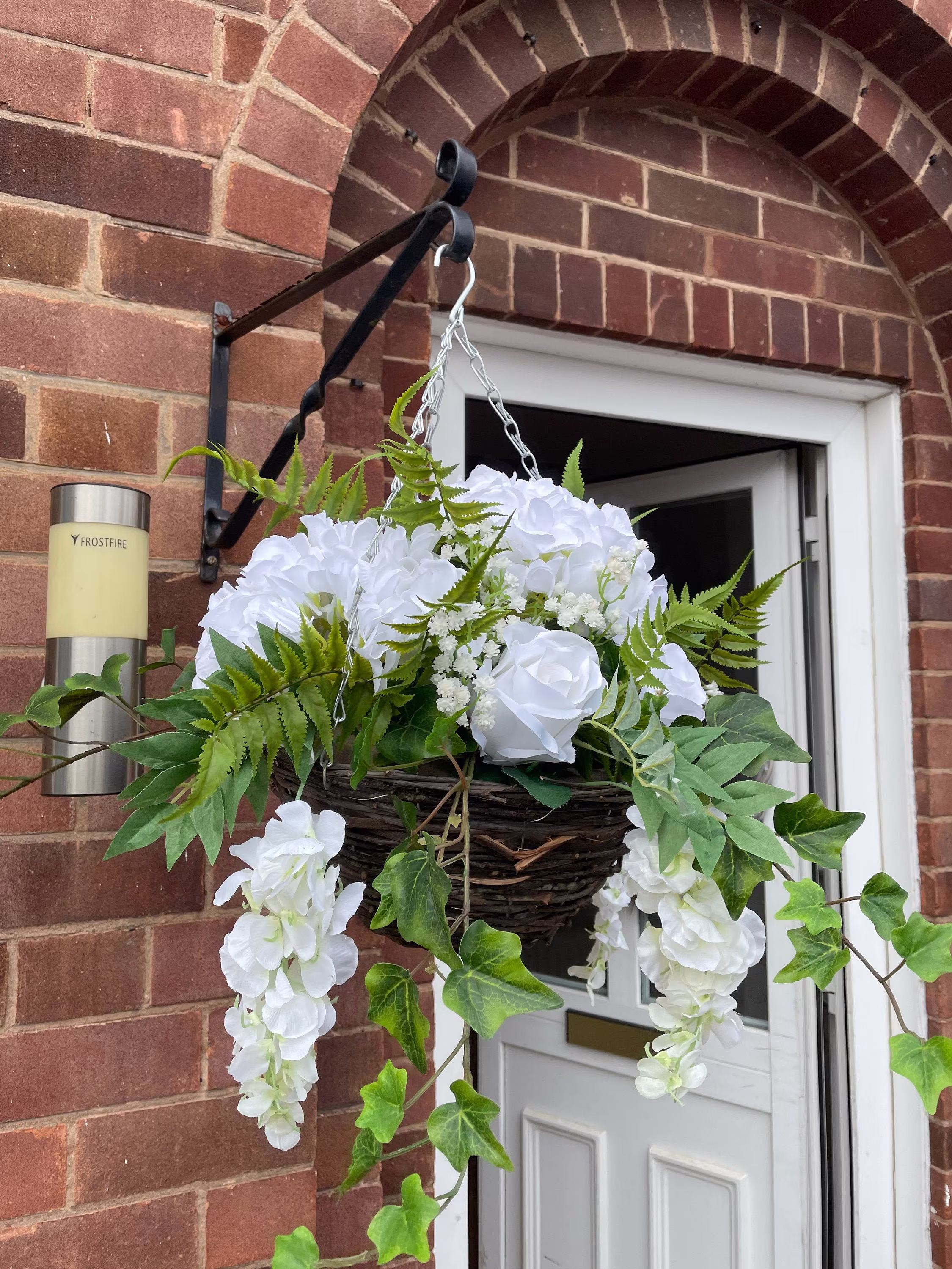 White Round Artificial Hanging Basket, With Hydrangeas, Roses, Wisteria, Fern & Gypsophila. Summer Baskets