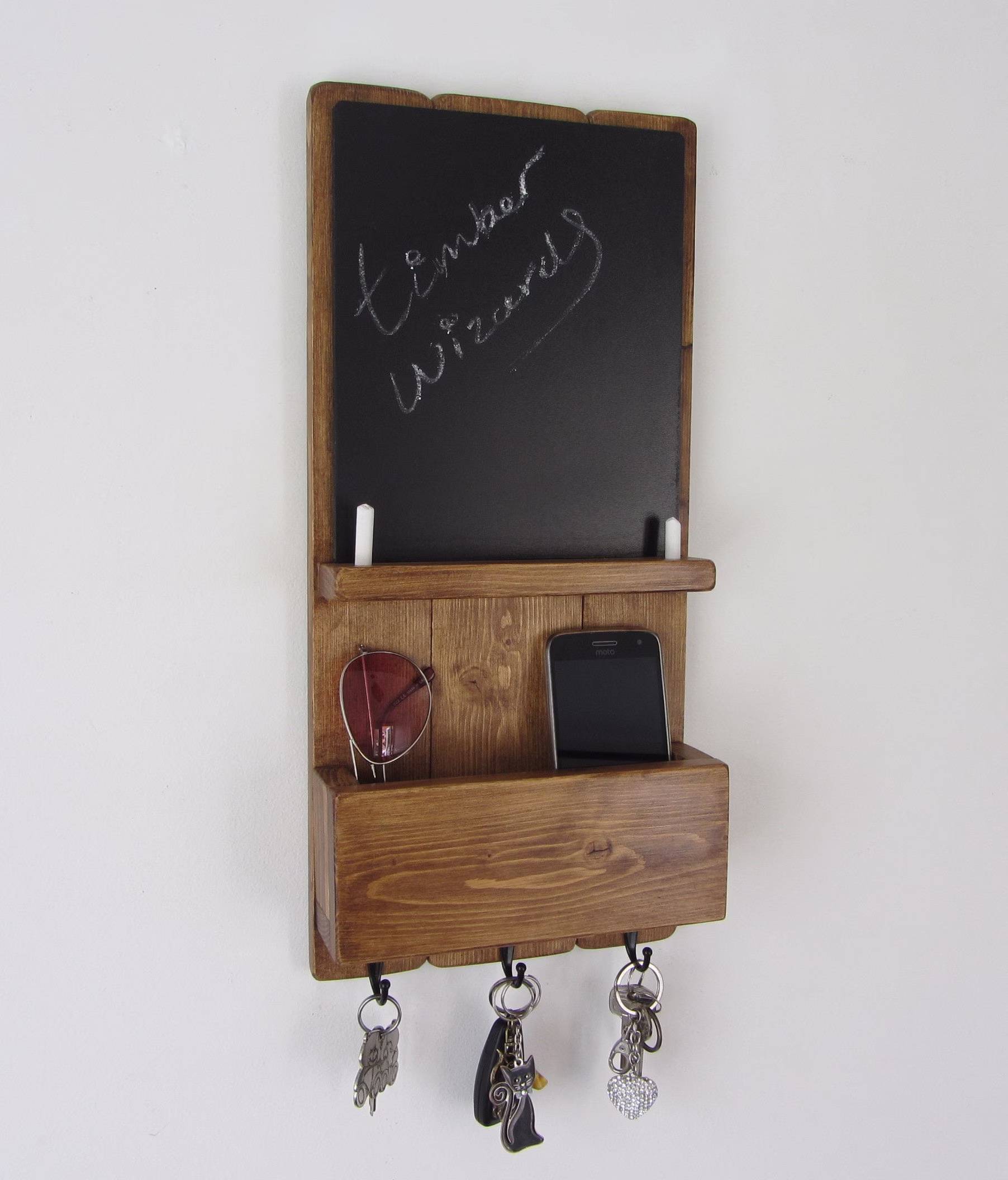 Reclaimed Wood Kitchen Organizer 3 Hook Key Holder , Letter Rack & Chalk Board/Blackboard Mail Caddy