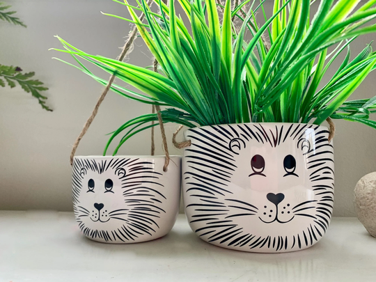 Set Of 2 Rocky Hanging Planter Pot Plant Ceramic With Rope - Animal Face