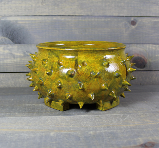 Ceramic Bonsai Pot - Rusty Yellow Blue Grouchy Planter With Spikes Succulent