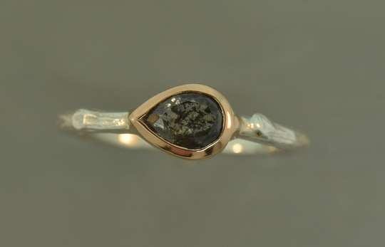 Salt & Pepper Diamond. Pear Shape Diamond, Rose Gold Ring, Sterling Cut Twig Band, Bezel Set Branch