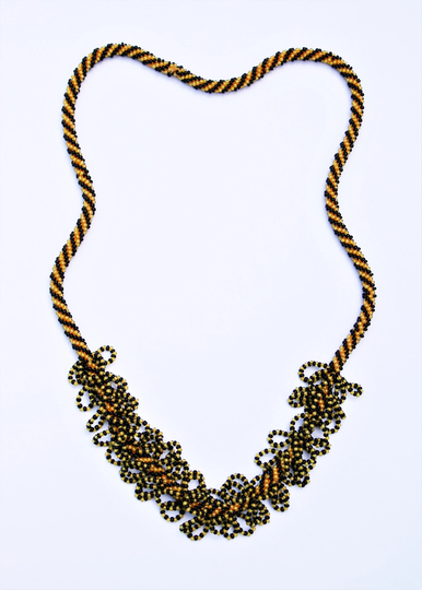 Retro Orange & Black Woven Seed Bead Necklace // 1960's Vintage Ladies Costume Jewellery Unusual Flouncy