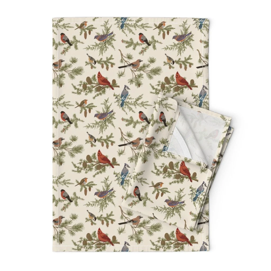 Vintage Birds Tea Towels | Set Of 2 - Winter By Olgakorneeva Bird Green Retro Linen Cotton Spoonflower