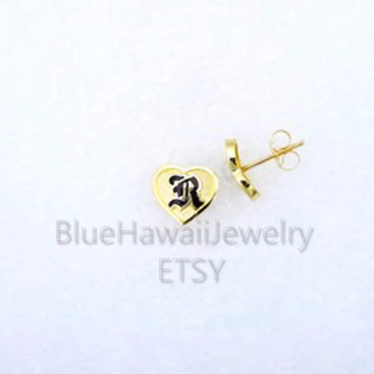 10mm Hawaiian Heirloom Heart Shape Hawaii Black Initial Letter Pendant 14K Gold Studs Or Dangle