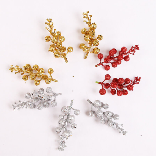 Ilovemilan - 6pcs Christmas decorations 12 heads gold red silver flashing powder simulation fruit skewer fruit Christmas tree garlands diy