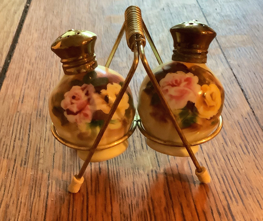 Vintage 1950's Enesco Salt & Pepper Set With Metal Stand Mcm