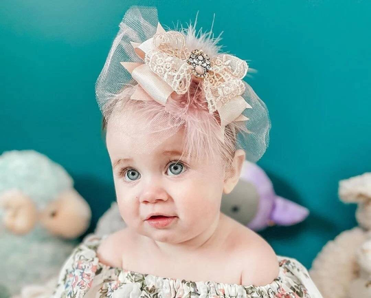 Powder Color Baby Lace Headband, Feather Toddler Hair Bow, Girl Fancy Birthday Headpiece, Vintage Clip, Tulle Headbow, Dusty Pink