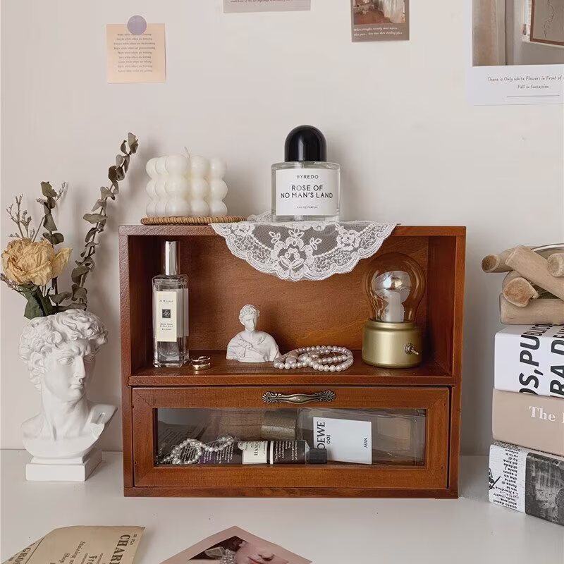 Vintage Wooden Storage Shelf With Drawer/Mini Retro Style Home Decoration Rack Makeup Organizer Gift For Birthday