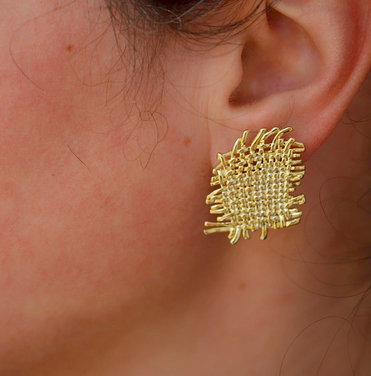Gold Rectangle Earrings, Organic Square Studs, Braided Gift For Her, Special Women Earrings