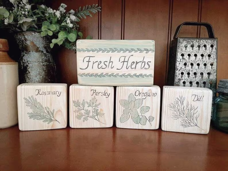 Hand-Drawn & Hand-Painted Fresh Herbs. Rustic Classic Farmhouse Shelf Decor. Country Kitchen. 5 Piece Solid Wood Block Set Usa Handmade