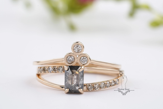 Emerald Salt & Pepper Diamond Ring | Vintage Engagement Set Unique Stackable Simple Wedding Galaxy