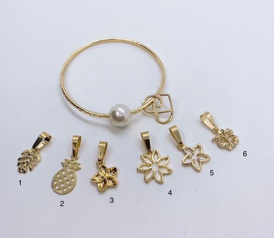 Hamilton Gold Hawaii Hammered Bangle With White Shell Pearl & Heart Wave Charm Add On Plumeria Pineapple Tiare Monstera Hibiscus