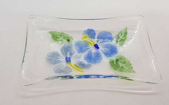 Blue Hibiscus Small Glass Bowl/Soap Dish