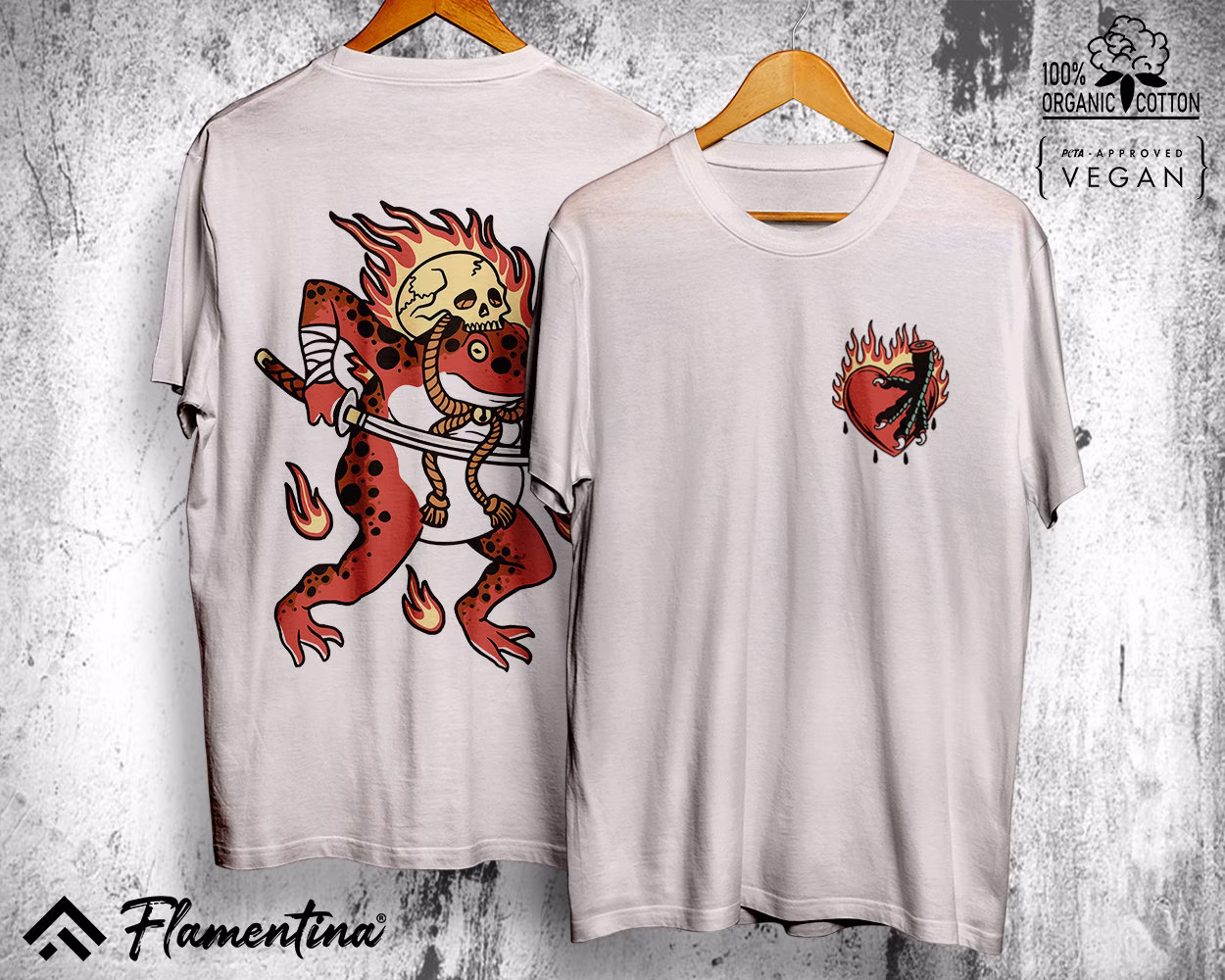 Ninja Frog Battle Organic Cotton T-Shirt Vintage Tattoo Design Streetwear Luxury Top Mystic Cult Black Magic