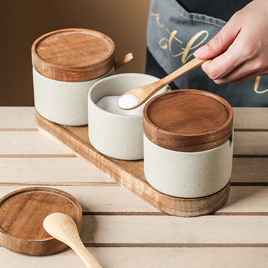 Set Of 3 Seasoning Pot, Coarser Clay & Wooden Lid Pot