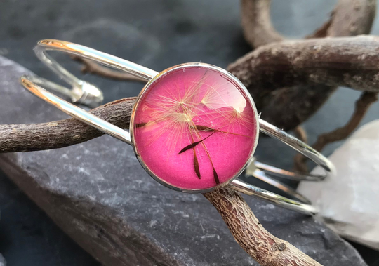Dandelion Seed Bracelet, Pink Glass Bangle, Dandelion Army Brat Gift, Botanical