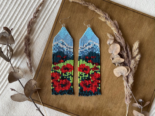 Poppies Beaded Earrings Mountains Seed Bead Sunflower Red Yellow Flowers Nature Earring Long Fringe Gift