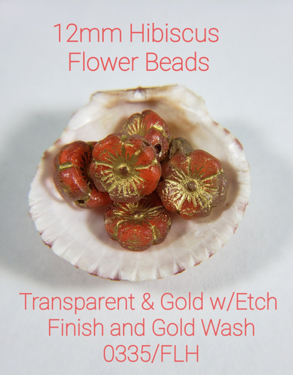 Transparent W/Gold & Etched Finish with Gold Wash ~ Czech 12mm Glass Hibiscus Flower Beads 6 Bead Lots Pressed