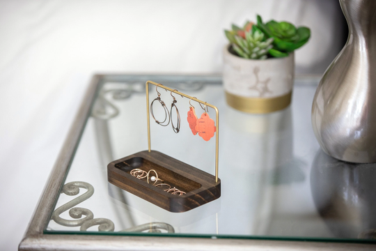 Small Earring & Ring Stand | Modern Minimalist Jewelry Storage Display Organizer Holder Brass & Wood Large Stud Hoops Boho