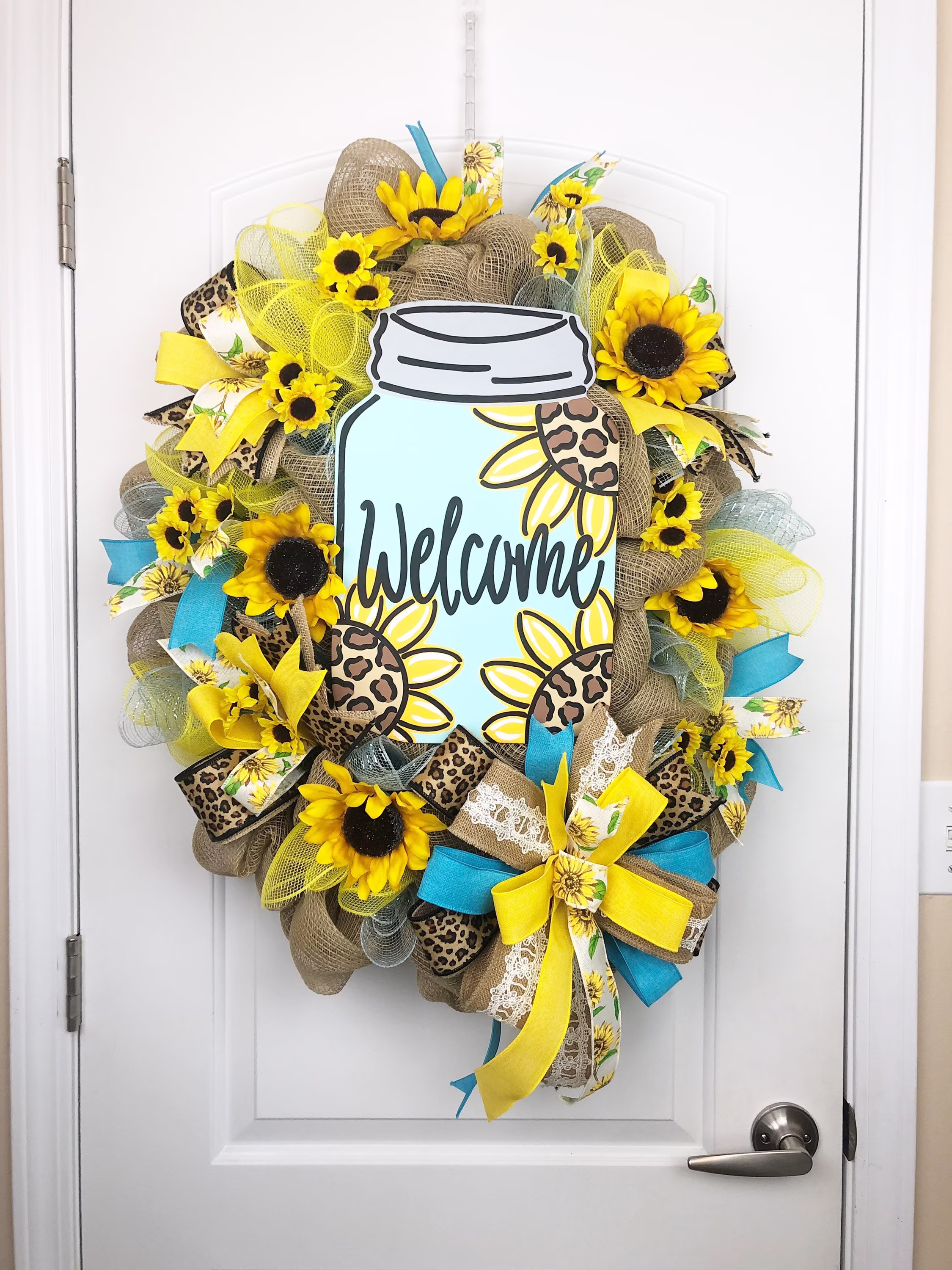 Sunflower Wreath For Front Door, Summer Leopard Wreath, Farmhouse, Mason Jar, Autumn Decor, Everyday All Seasons, Housewarming Gift