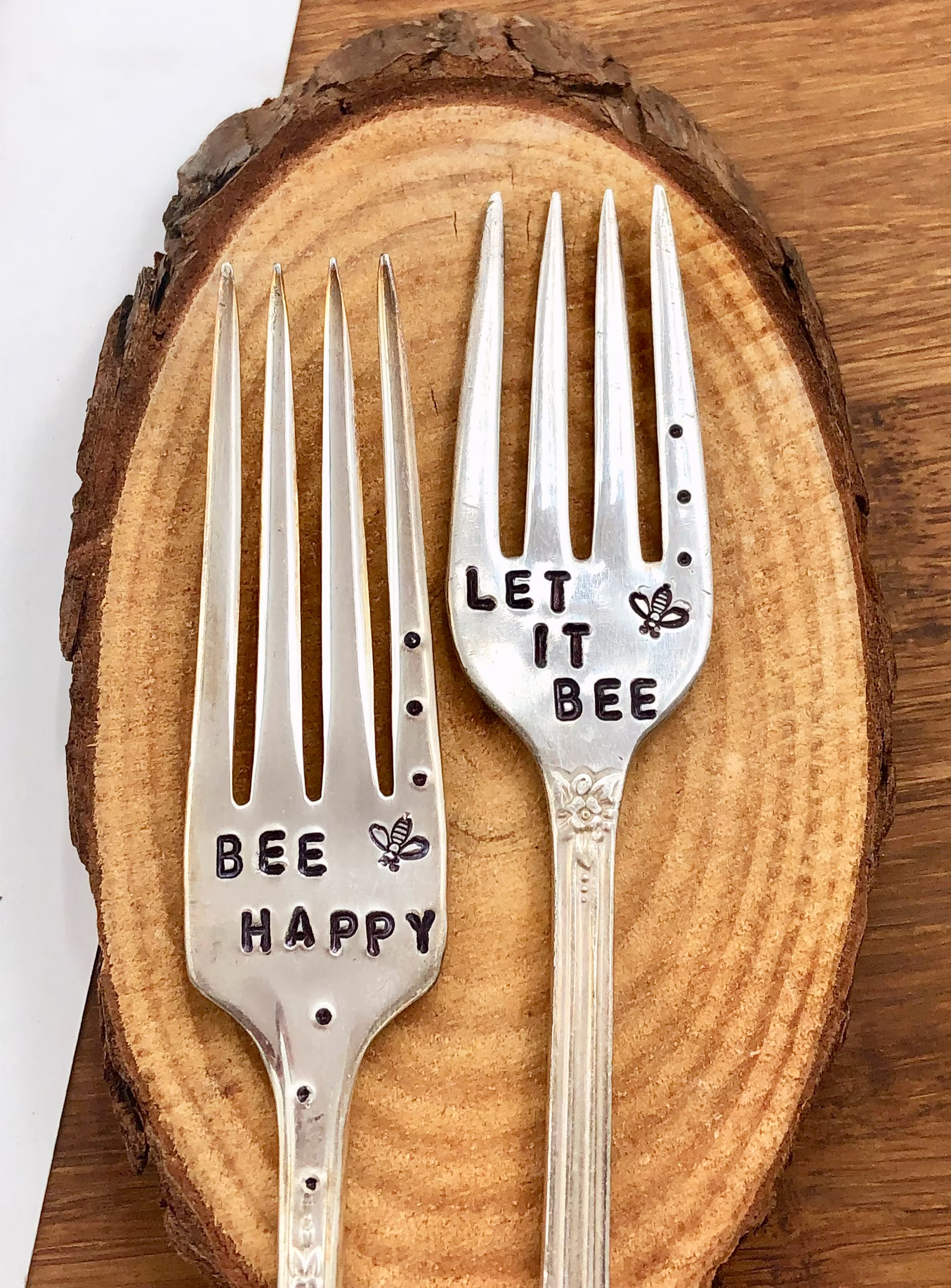 Set Of 2 Garden Plant Marker Forks, Bee Happy & Let It Bee, Container Pot