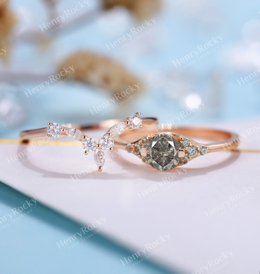 Vintage Salt & Pepper Diamond Engagement Ring Set | Art Deco Rose Gold Bridal Curved Moissanite Wedding Band Anniversary Promise