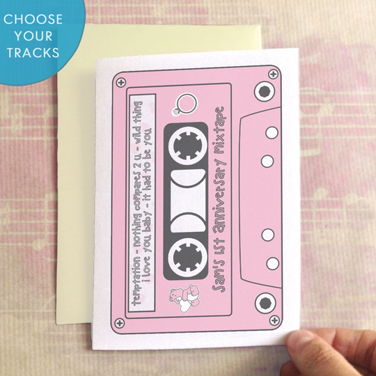 Personalised Mixtape Anniversary Card, Powder Blue/Blue/Pink