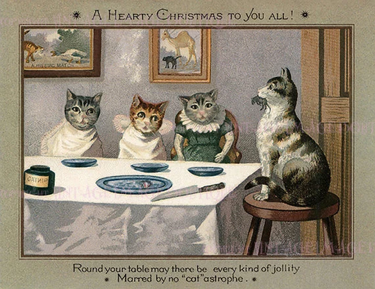 Antique Victorian Illustration A Mother Cat & Her Kittens Having Christmas Lunch Season Winter Solstice Holiday 5x7 Greeting Card
