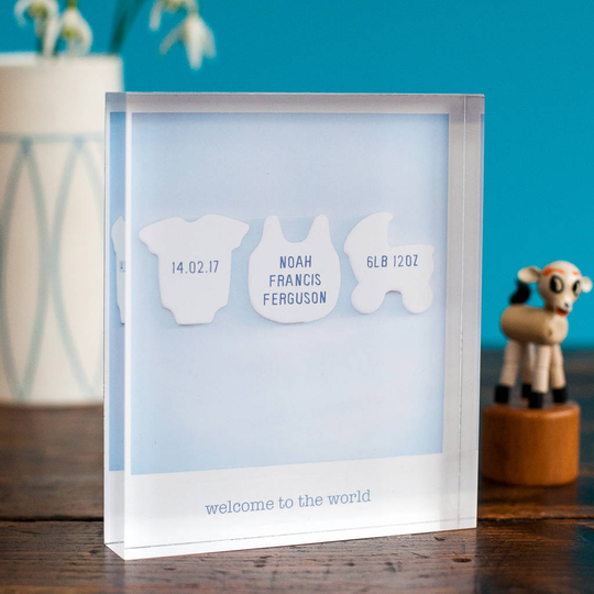 Personalised Birth Announcement Acrylic Block, Dusky Pink/Pink/Powder Blue