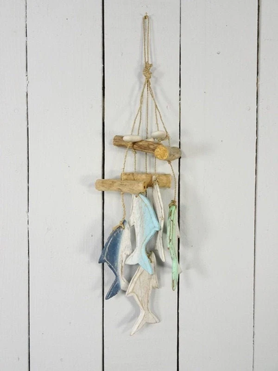 Hand-Crafted Wooden 5 Dolphin Mobile 30x14x3cm