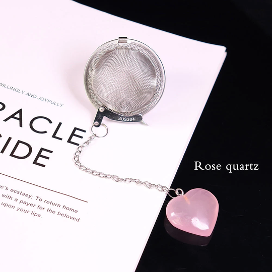 Heart Shaped Rose Quartz Crystal Tea Filter - Reusable Loose Leaf Ball Infuser Stainless Steel Strainer