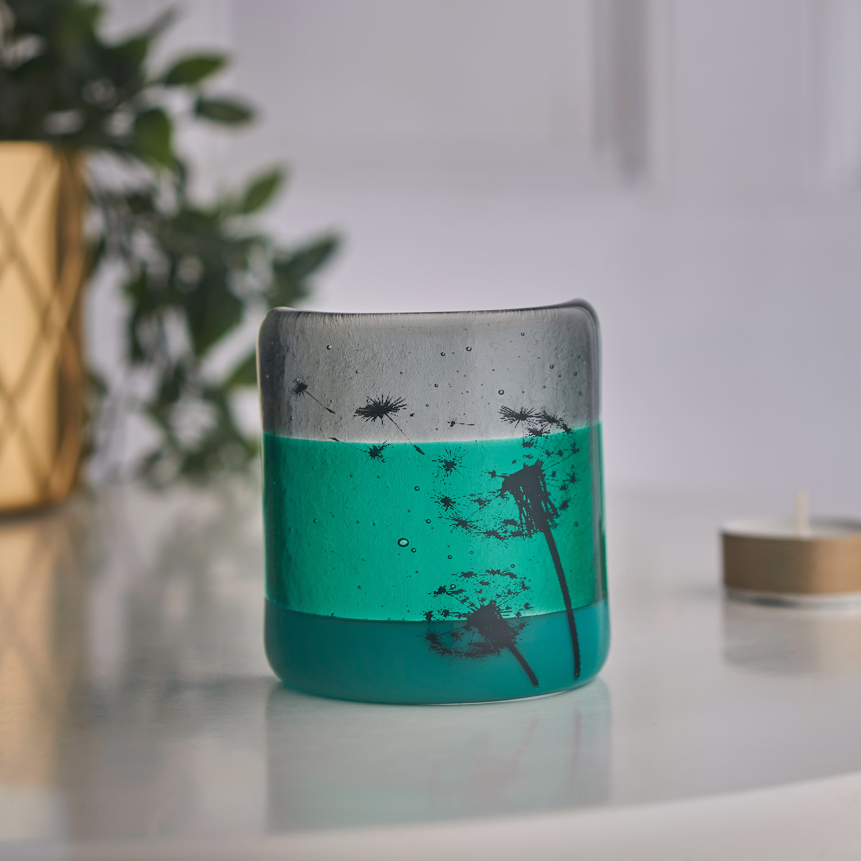 Dandelion Handcrafted Glass Candle Arch/Curve. Fused Green Tea Light Holder Made By Twice Fired
