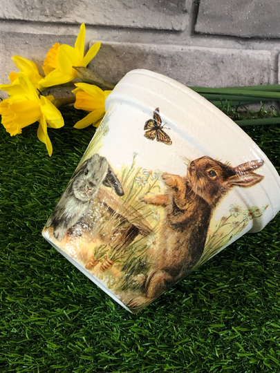 Hand Painted & Decoupaged With Rabbits Plant Pot