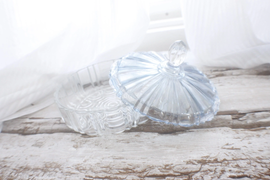 Glass Dish With Blue Lid, Vintage Glass Covered Dish, Kitchen Decor, Storage Jar, Candy Home Large Herbal