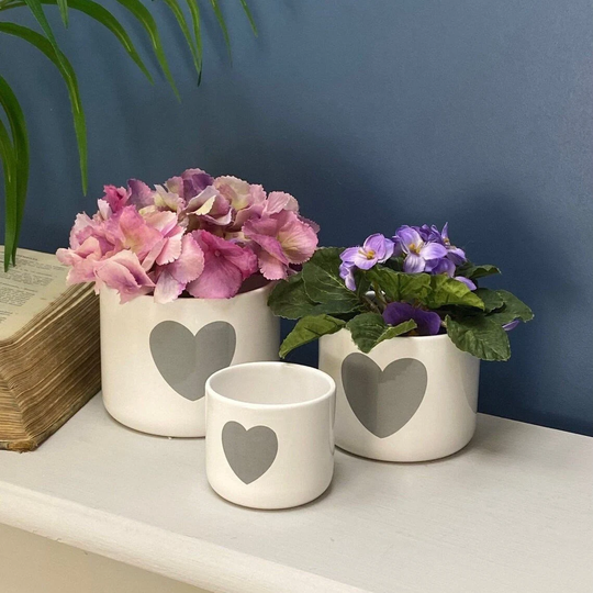 Set Of White & Grey Heart Planters Pots Herb Coffee Table Decor Country Nordic Room