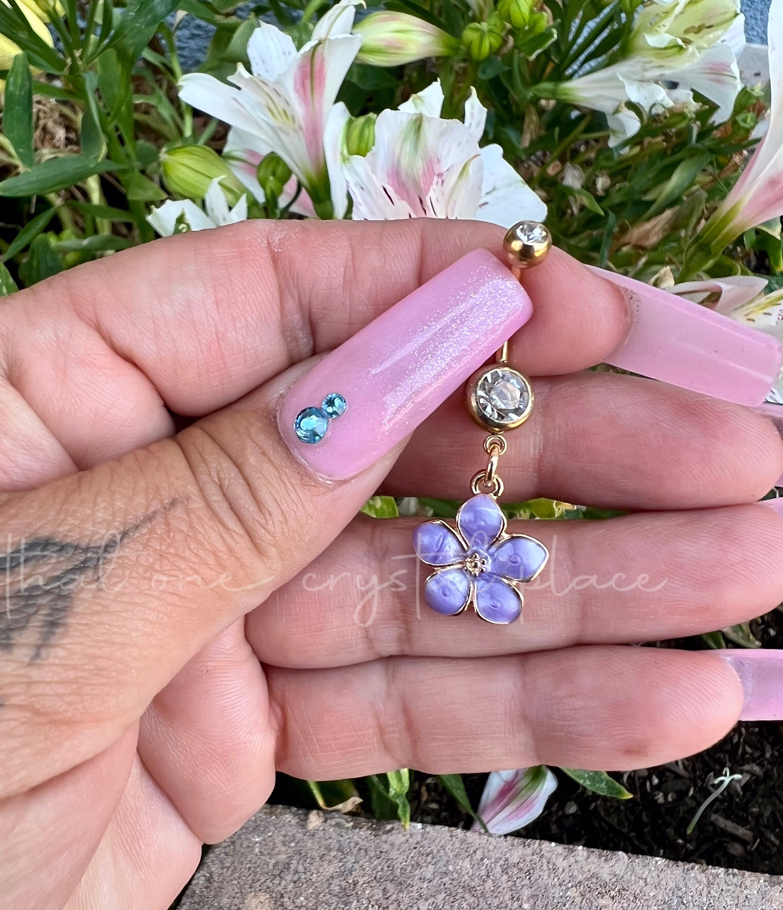 Bin #22 Gold Crystal Inspired Purple Hawaii Hibiscus Flower Dangle Navel Belly Button Ring 316L