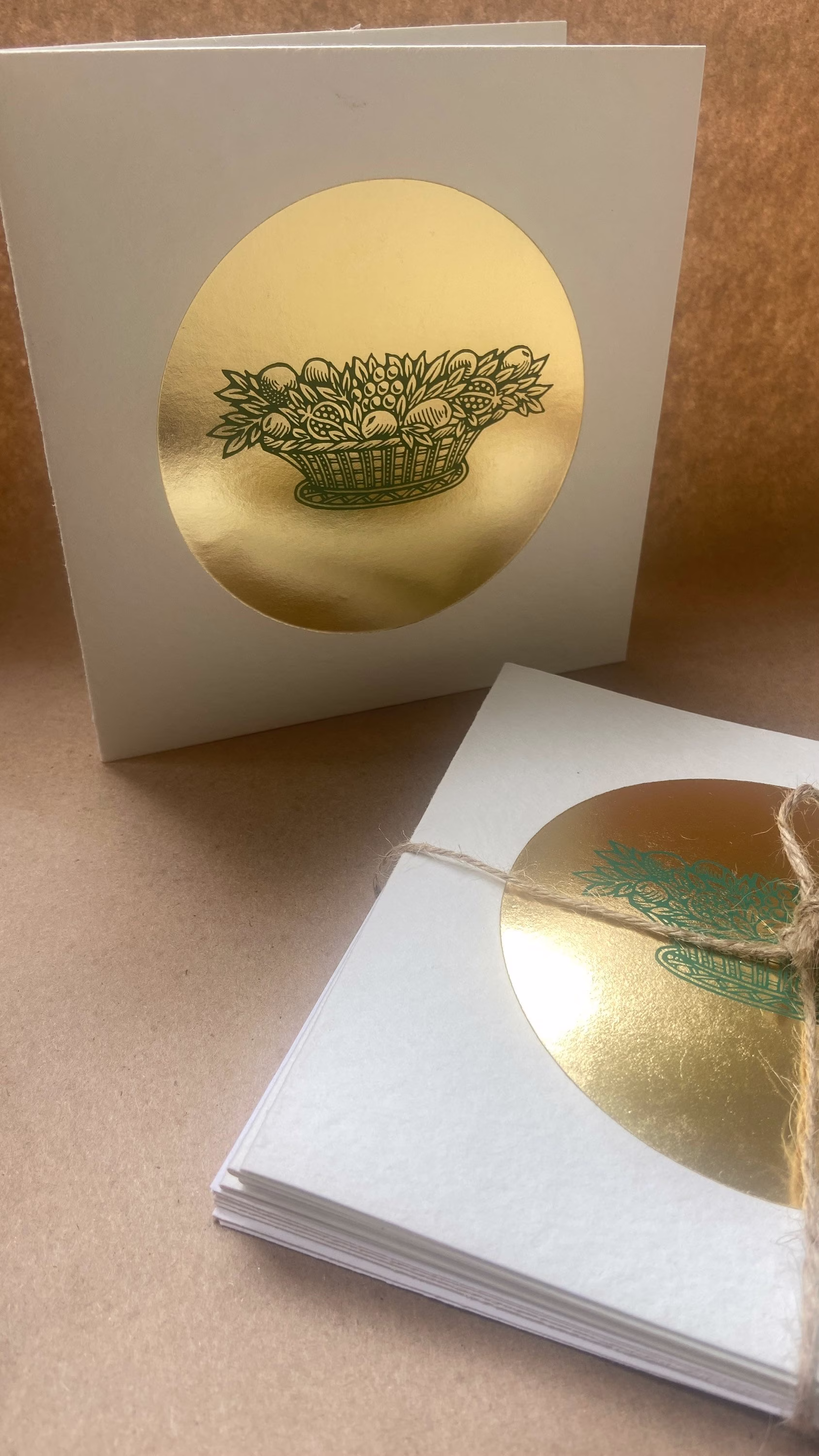 Harvest Festival Cards. 5x Vintage Handmade Greeting Cards, Gold Leaf & Hand Screen Print. Basket Of Fruit. Mabon, Fall Seasonal Cards