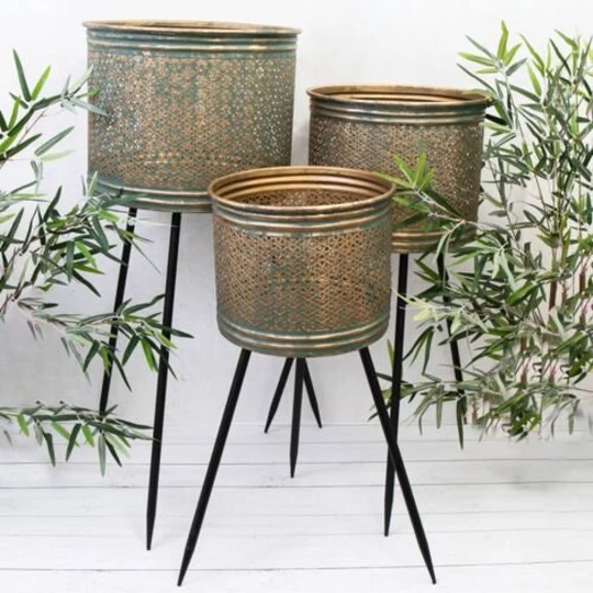 Large Gold Teal Metal House Plant Flower Pot Tall Black Leg Indoor Stand Planter